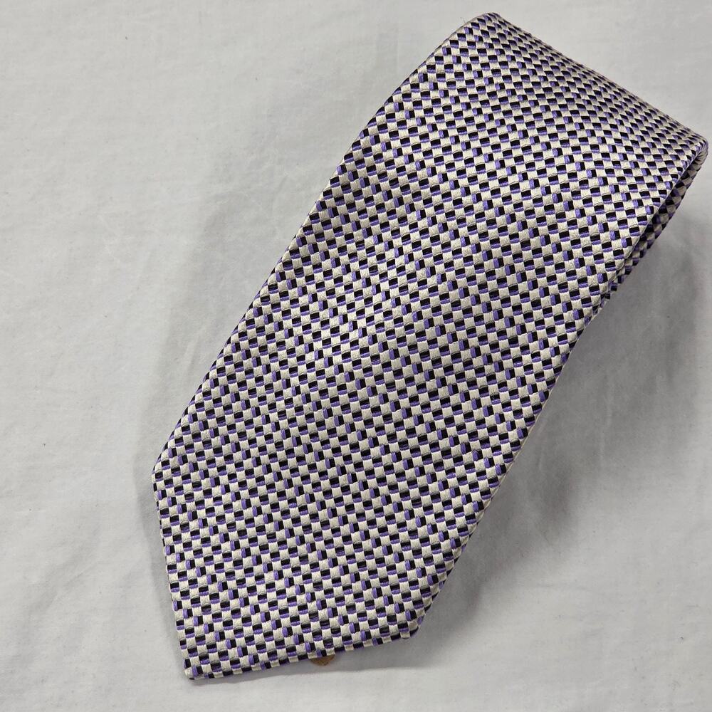 Robert Talbott Silk Necktie Tie Silver Black Micro Check Textured USA Nuetral